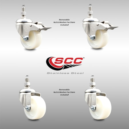 Service Caster 3 Inch 316SS Nylon Wheel Swivel 3/8 Inch Threaded Stem Caster Lock Brake, 2PK SCC-SS316TSTTL20S314-NYS-381615-2-S2